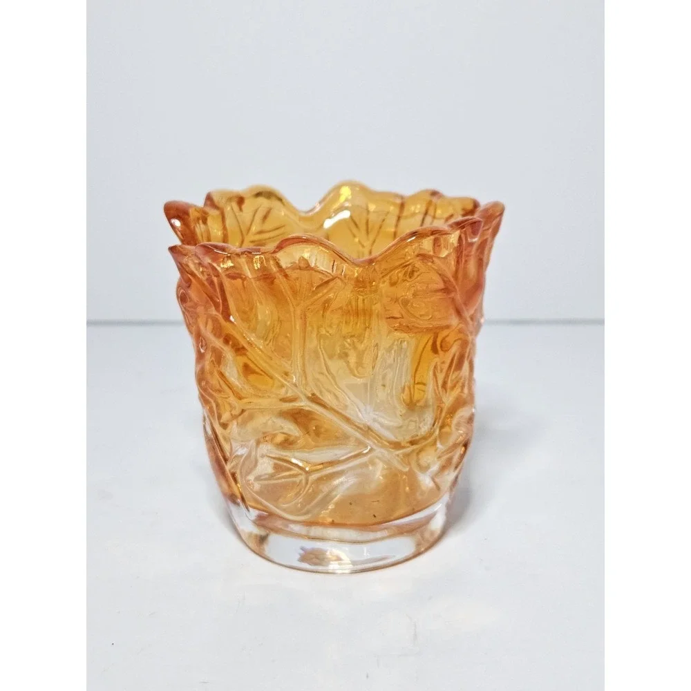 PartyLite Amber Glass Oak Leaf Footed Votive Candle Holder Vintage Fall Decor